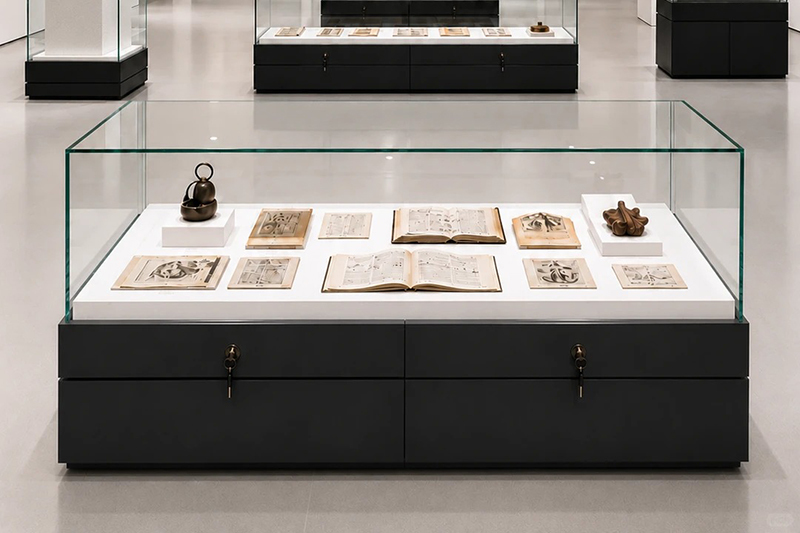 Anti-Glare Four-Sided Glass Museum Exhibit Cabinet With Lockable Drawer Base And White Platform Display Blocks