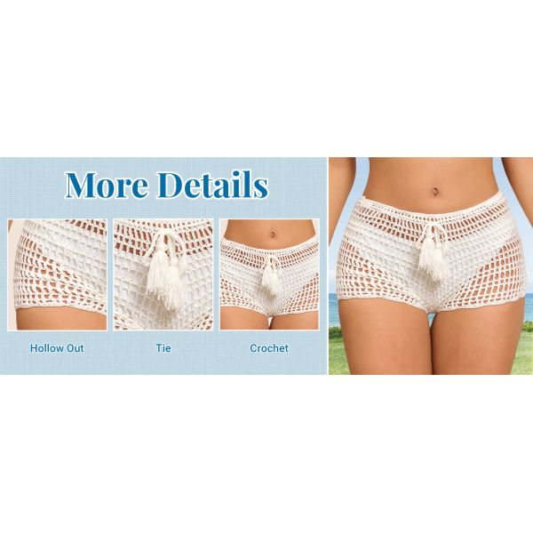 Women'S Crochet Coverups Hollow Out Tie Waist See Through Boho Shorts Swimsuit Bra Set Crochet Bikini Handmade Knitted Crochet Swimsuit Beach Overskirt Swimsuit Cover Ups