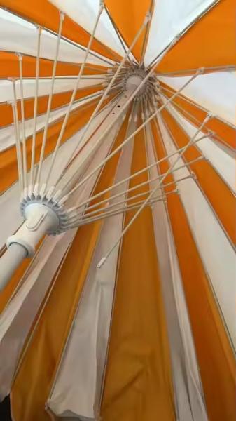 8.5 ft Fiberglass Rib Beach Umbrella Stainless Steel Pole White Strip Pagoda Umbrella Light Weight Outdoor Pagoda Parasol