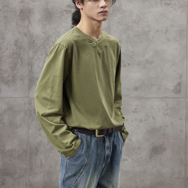 330g Heavy-Duty 100% Cotton Breathable Vintage Knitted Blank Regular Fit Men's Autumn Solid Color Long Sleeve O-Neck T-Shirt OEM