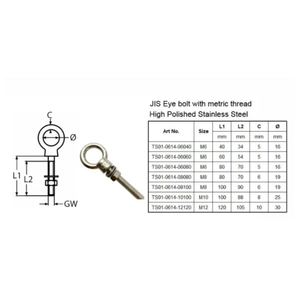 Plain Finish Lifting Eye Bolts Designed With Stainless Steel Hardware JIS1168