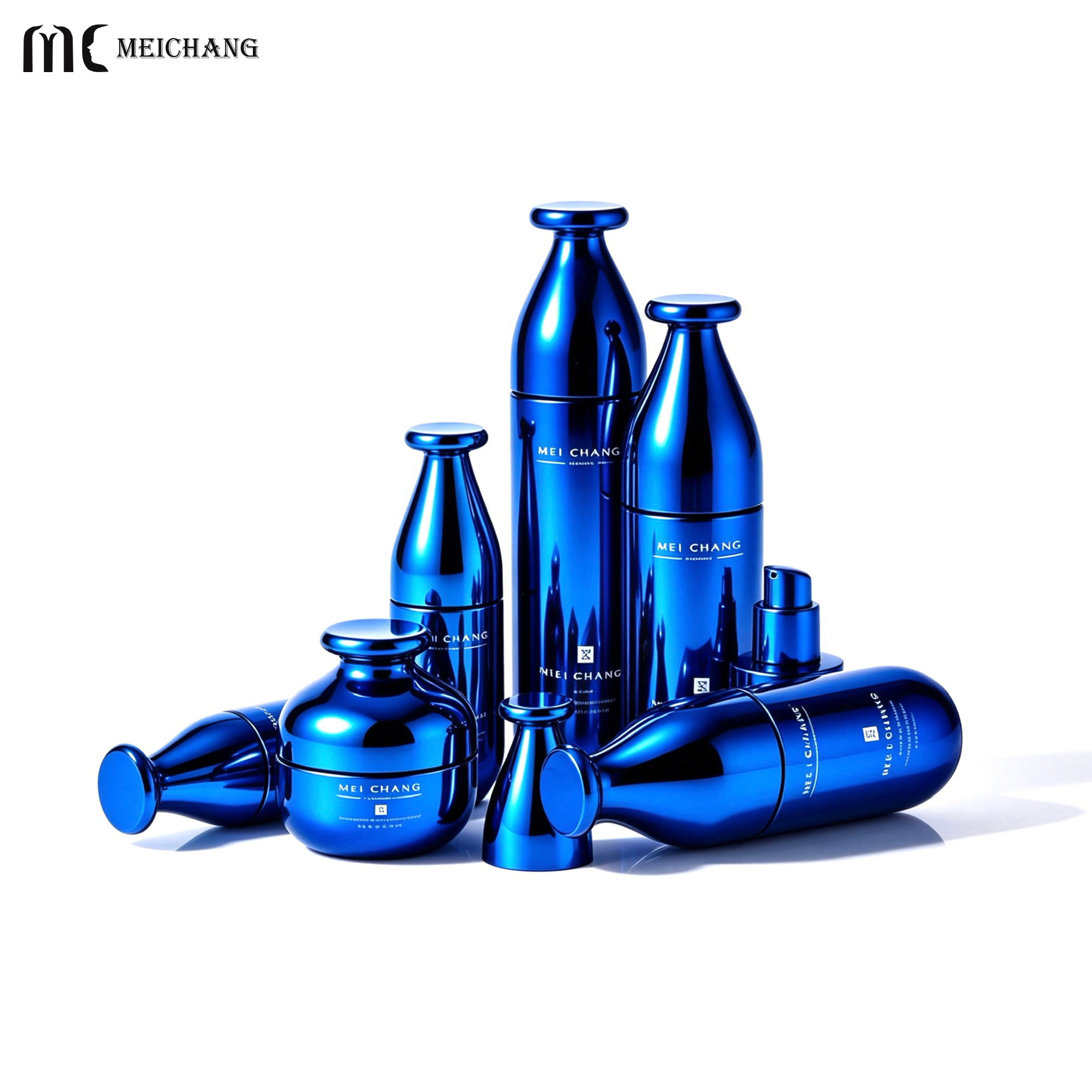 Patented Luxury Glass Cosmetic Packaging Set with Metallic Finish and Complete Skincare Matrix