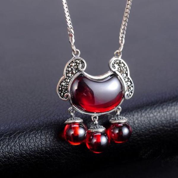 Vintage Sterling Silver Marcasite Red Agate Pendant Necklace Luck Kids Jewelry(N11063)
