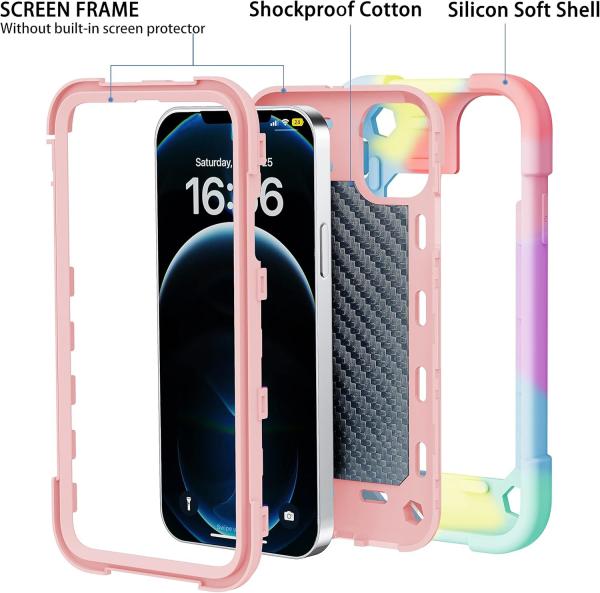 iPhone 12 Pro Max Case 6.7 - Heavy-Duty Shockproof, Ring Stand, Glass Screen & Camera Lens Protector (Rainbow Pink)