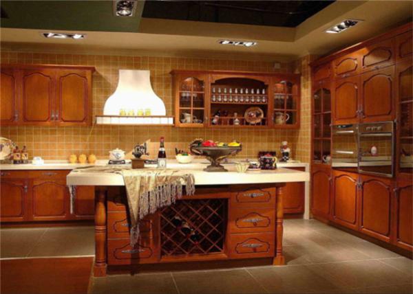 Contemporary L Shaped Kitchen Cabinets With Glass Door And Red Paint Island