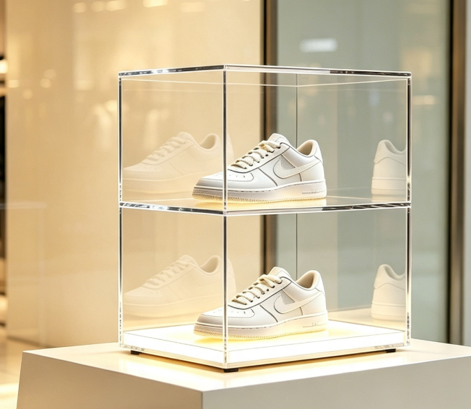 Custom LED Lighted Acrylic Shoe Display Case With Adjustable Leveling Feet