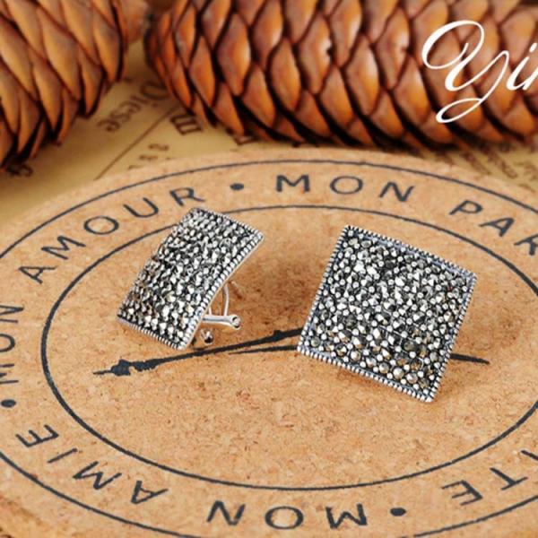 Thailand Silver Pave Marcasite Stud Earrings Women's Vintage Jewelry (E11063)