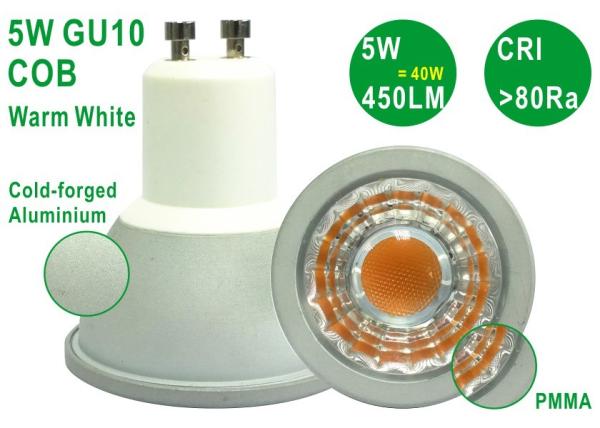 CE RoHS Aluminium Epistar COB 5W 450LM 80Ra 3000K GU10 E27 E14 Spotlight