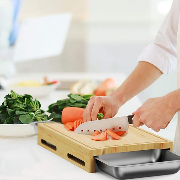 Rectángulo de color natural tabla de corte de bambú con bandeja y cajones para la cocina