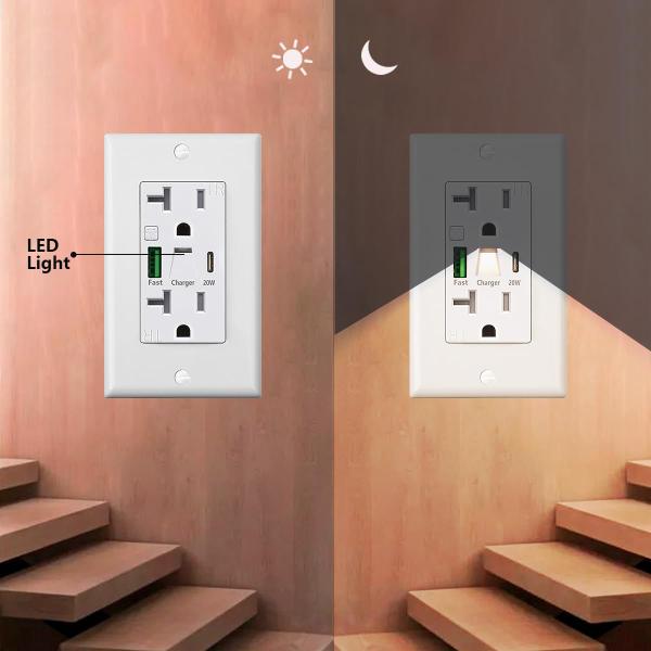 20A 125V USB type C Sortie murale Nuit de lumière