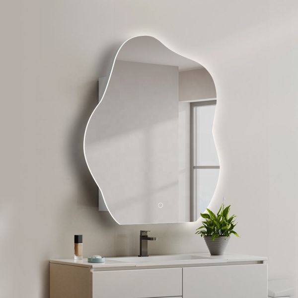 Irregular LED Light Mirror Cabinet Wall Mounted Side Lighted with Storage Compartment White Cabinet 4mm Silver Mirror