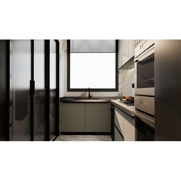 Sleek And Functional Green Bean Grey L Shape Kitchen Cabinets Modern Style