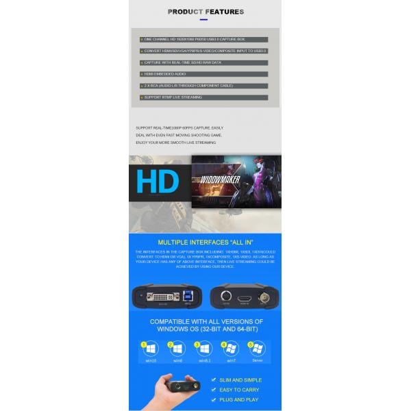 Max.FPS 1920x1080p 60/50fps USB Video Capture Card Grabber With Multiple Video Inputs