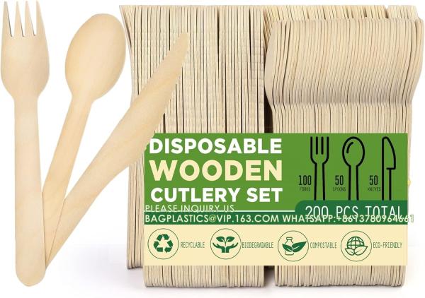Disposable Wooden Cutlery Set, Pack Of 200 (100 Forks, 50 Spoons, 50 Knives) Biodegradable Compostable Utensils