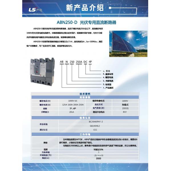 Автомат защити цепи DC100V 250A 20KA DC раковины серии ABN пластиковый для фотовольтайческого