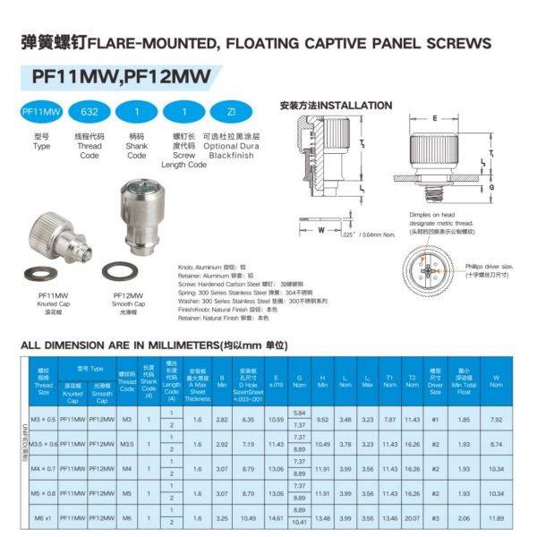 PF11MW PF12MW Captive Panel Screw Captive Screw Fasteners Steel Self Adjusting