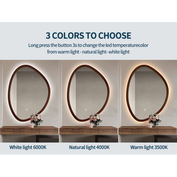 Walnut Color Wood Frame LED Mirror Illuminated Bathroom Decorative Mirror