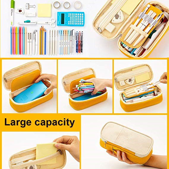 Big Yellow Zipper Pencil Bag Holder Box High Capacity Multi Functional