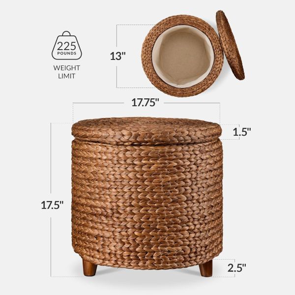 Tall Water Hyacinth Wicker Basket with Handles | Natural, Brown, Natural Bathroom Trash Can Boho Style - Wicker Trash Can With Lid For Household, Kitchen - Removable Liner, Iron Frame