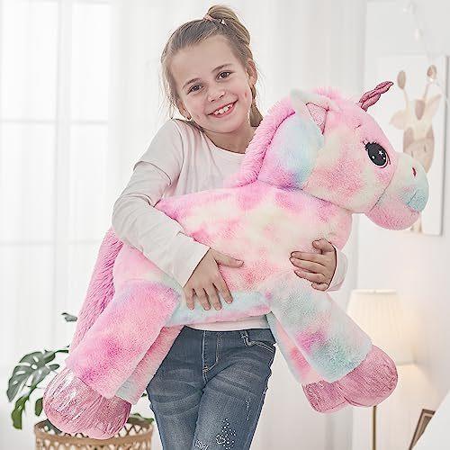 MorisMos 32in Giant Rainbow Pink Unicorn Stuffed Animals Soft Cotton Toys PP Filling Cute Birthday Decorations Bags Included