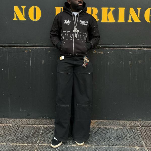 Custom Rhinestone Zip Up Hoodie 450 gsm Thick Heavy Weight Screen Printing Logo Streetwear Zipper Hoodies Men