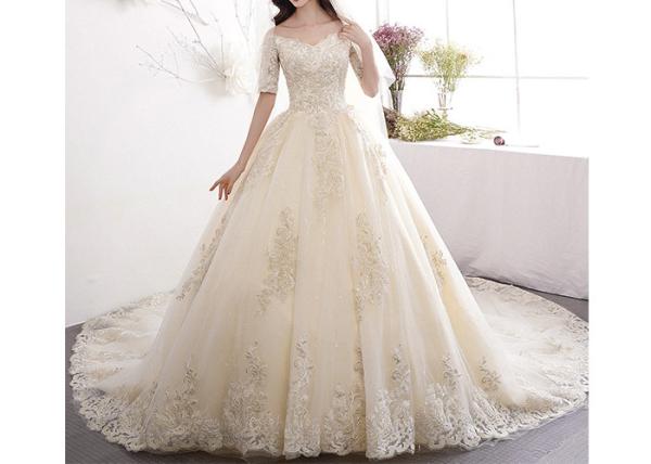 Lace Long Tail Bridal Dresses Off Shoulder Half Sleeve Back Bandage With  Logo Custom