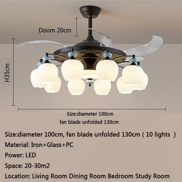 Luxury Ceiling Fan Light Remote LED Electric Fan Light with glass lampshade metal Stealth Fan Light (WH-VLL-28)