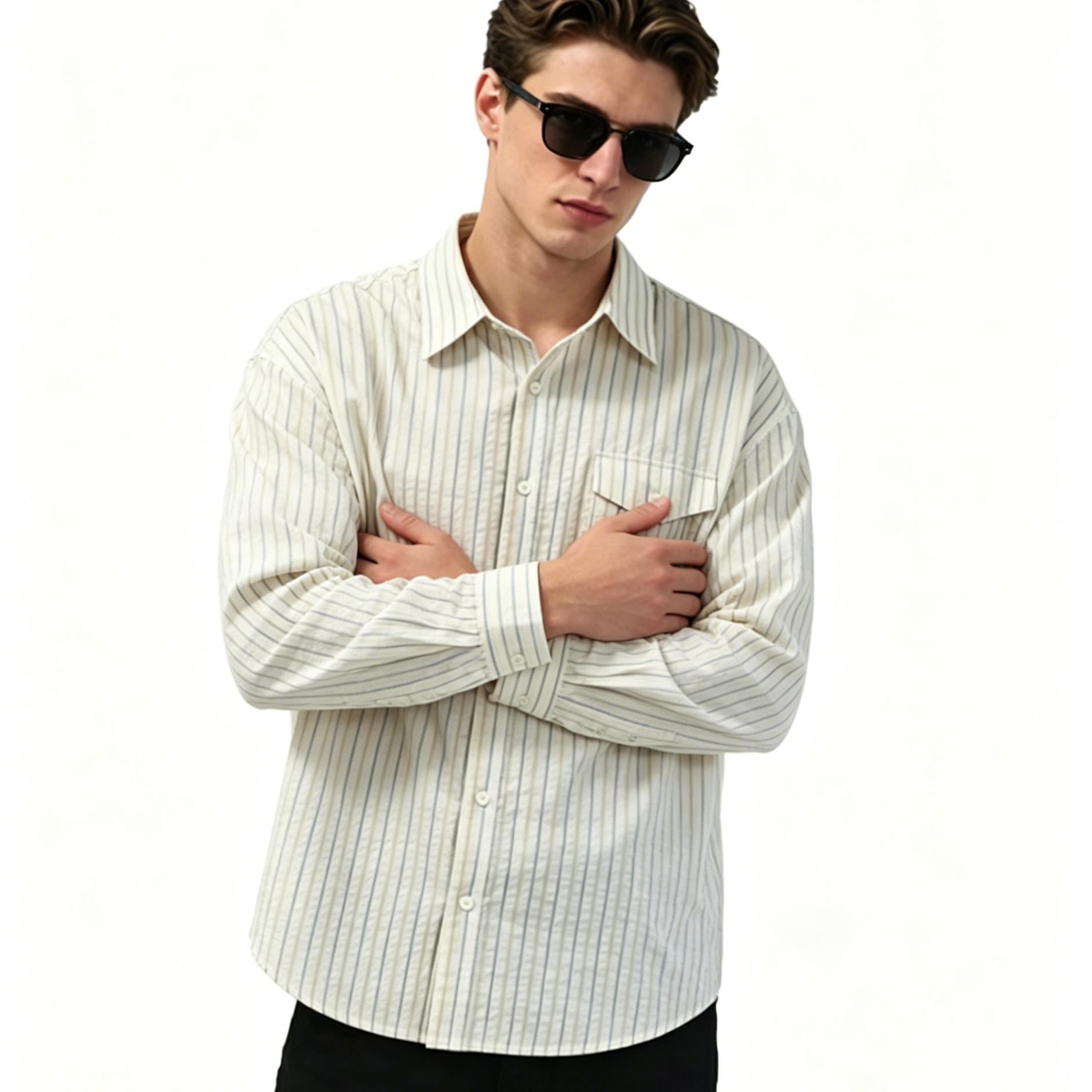 Casual Oversized Long Sleeve Top Striped Cotton Blend Button Up Shirt