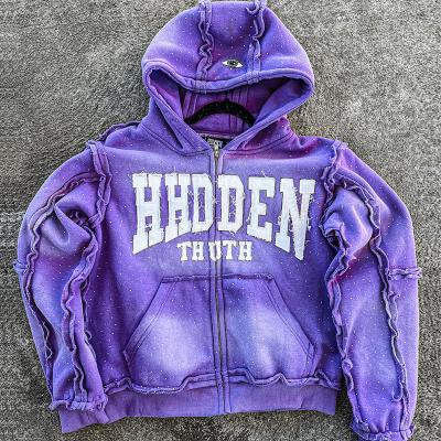 Custom 3d Embossing Zip Acid Wash Hoodies Applique Embroidery Rhinestone Hoodies for Men Streetwear Premium Heavy Thick Hoodies