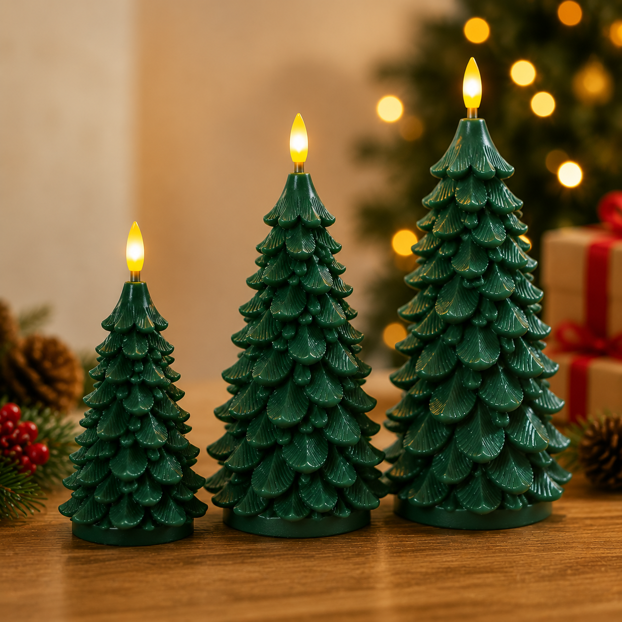 Christmas Tree Design LED Candle with Real Paraffin Wax and Timer Function for Festive Decoration