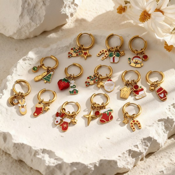 Stainless Steel 18K Gold Plated Christmas Series Design Hoop Earring Cute Santa Claus Christmas Tree Charms Jewelry Earrings