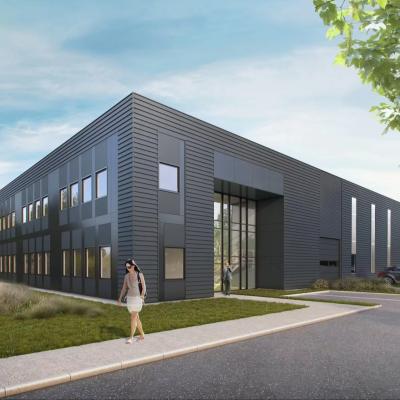 Edifício de armazém de metal leve pré-projetado em estilo industrial.
