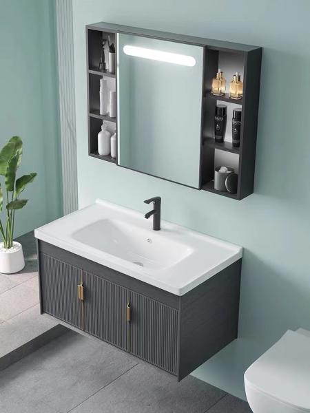 Grey Black Ceramic Wash Basin Cabinet Set Aluminium Mirrored Bathroom Cabinet Vanity