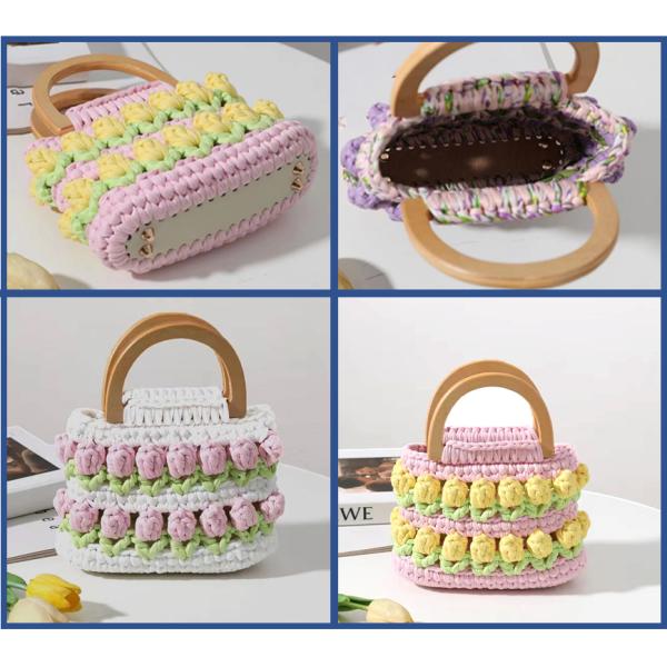 Wooden Handle Crochet Hand Bag Hand Woven Tulip Flower 16cm×15cm×6cm