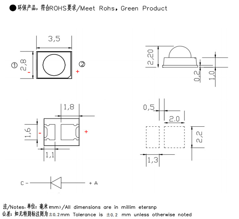 0.2W 0.5W 2835 SMD Led Chip Dome Lens 15 30 60 90 градусов, Супер яркость 10000mcd Для дорожных знаков