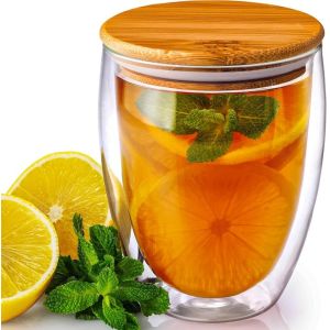 Amber Color Double Walled Tea Mug Set Reusable Glass Coffee Mugs With Bamboo Lid