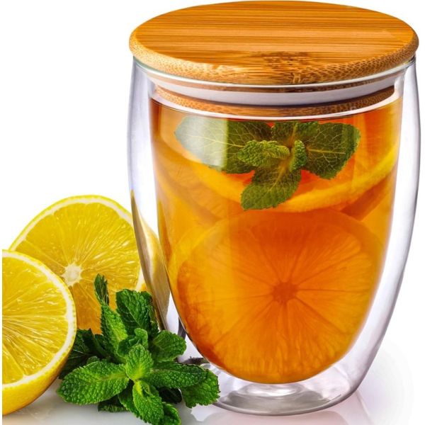 Amber Color Double Walled Tea Mug Set Reusable Glass Coffee Mugs With Bamboo Lid
