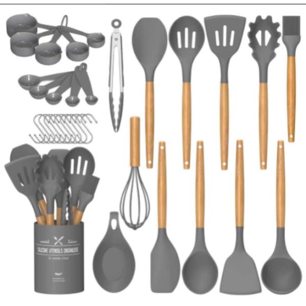 Stocked Silicone Kitchenware Cookware Sets With Wooden Handle Heat Resistant for OEM/ODM