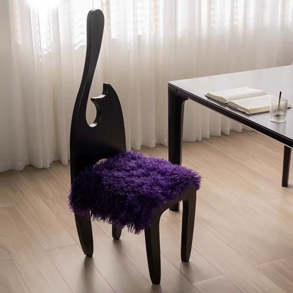 France Black Solid Wood Dining Chair Home Furniture Unique Backrest Design Retro Wool Cushion Wood Dining Chair for Dining Room