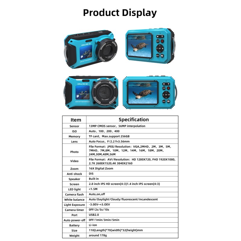 Vintage 4K 56MP Waterproof Digital Camera Dual Screen Anti Shake 16X Zoom LED Light for Swimming and Diving