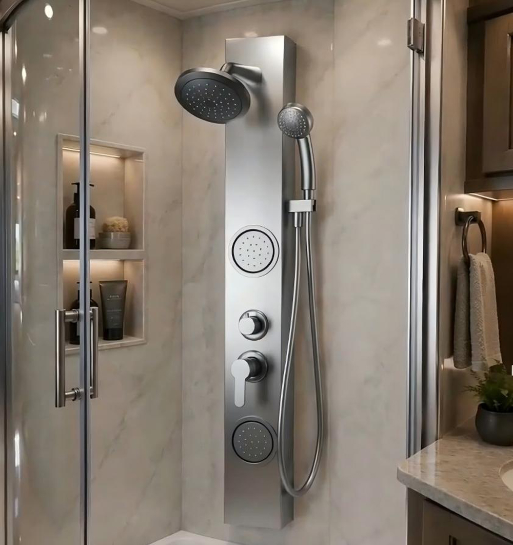Modern Stainless Steel Luxury Bathroom RV Shower Panel RV 4-Spray Rain Shower SS Brushed Surface with Backside massage function