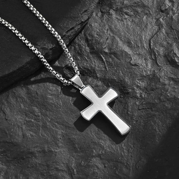 Simple Style Satin Cross Pendant Stainless Steel Necklaces Blue and Rose Gold Metal Prayer Choker for Men