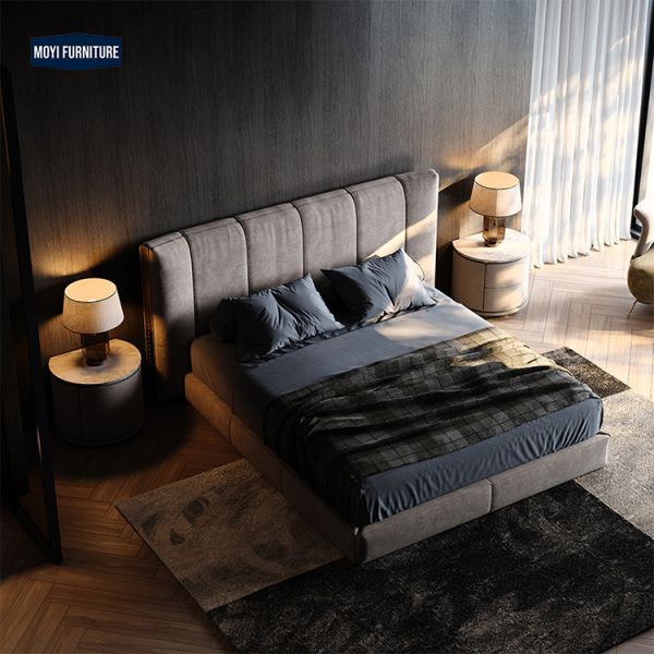 Oak Wood Frame Double Bed Luxury Bedroom Furniture Featuring Modern Style High End King Size Velvet Headboard