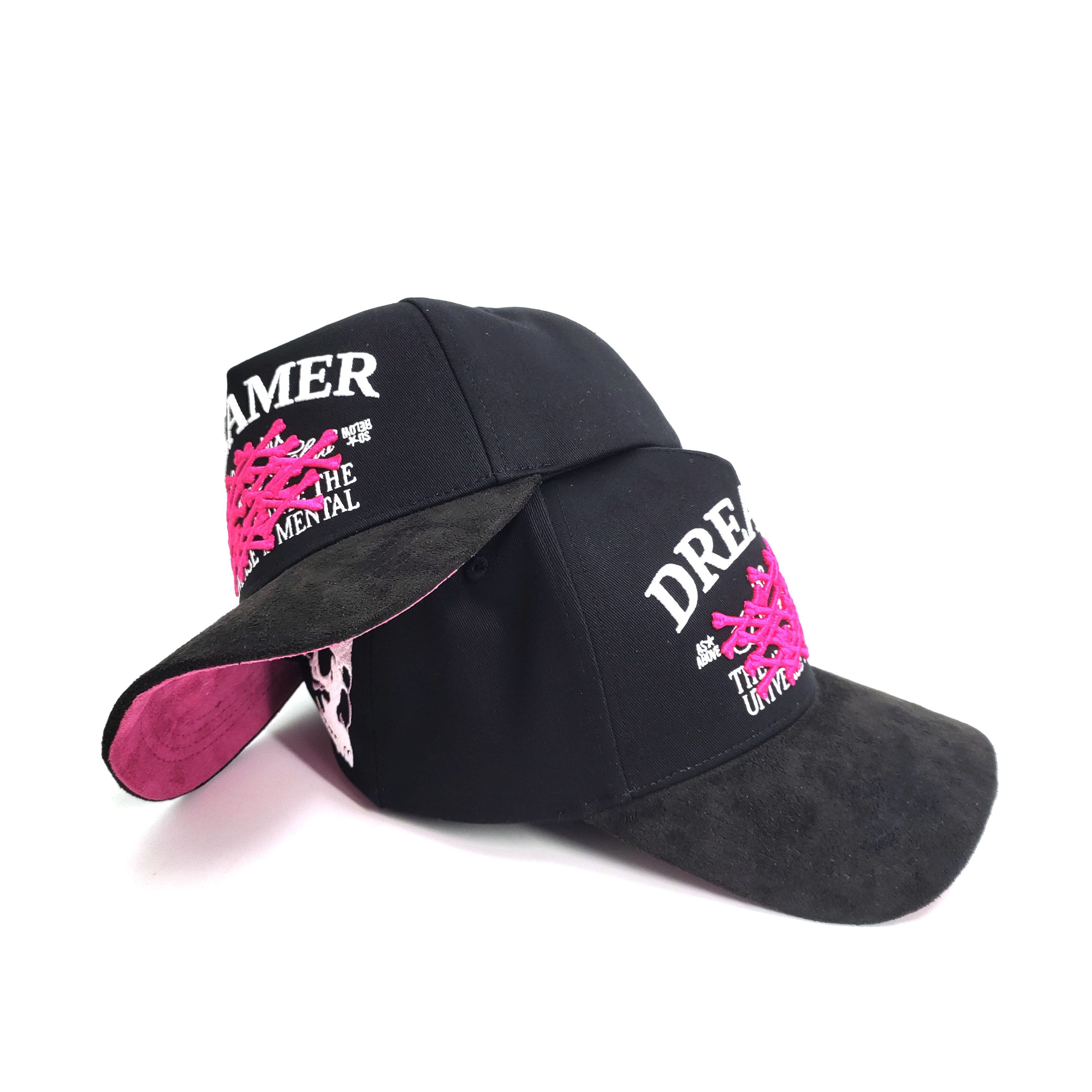 Streetwear Baseball Hats Customize 3D Embroidery Logos Hot Pink Suede Brim High Crown Cotton Full Black Satin Lined