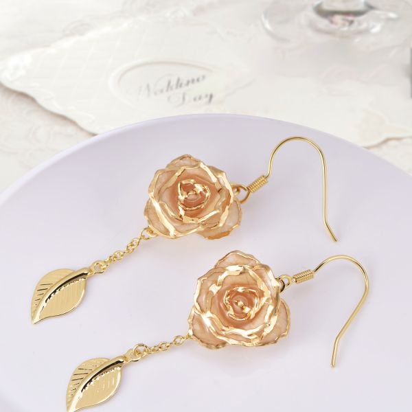 Rose Earrings 24k Gold Dipped Roses Gifts Valentine Day Holiday Everlasting Flowers