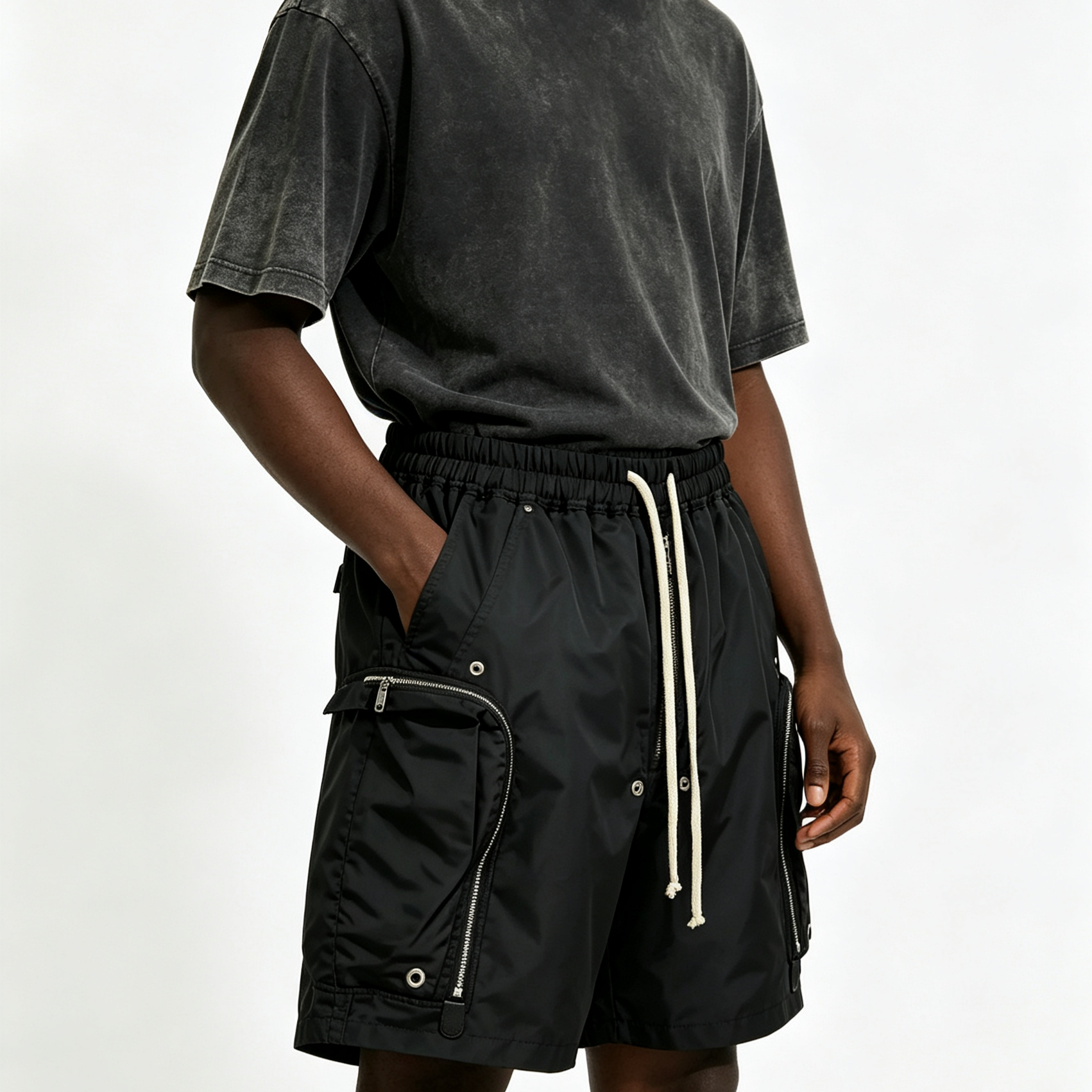 Dark Sports Sweat Shorts Multi Zipper Mens Drawstring Cargo Shorts RO Style