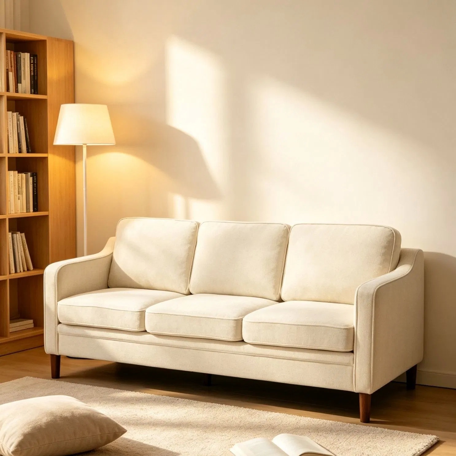 Delicate Texture Cream Fabric Three Seater Sofa for Cozy Home Living Room Interior Furnishing