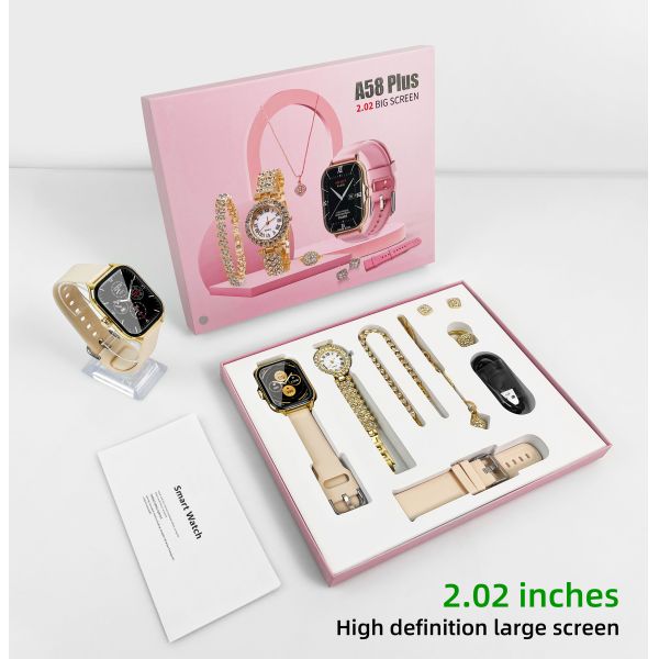 Eraysun 7 in 1 Strap A58 Plus Smart Watch 2.01inch Square Silicone Strap Quartz Lady Watch Necklace Ring A59 Plus Smartwatch