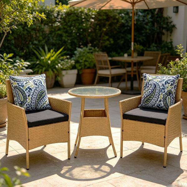 Wholesale 3 Piece Set with Cushions Poly Rattan Fresco Dining or Lounging in the Garden Small Size Table and Chairs