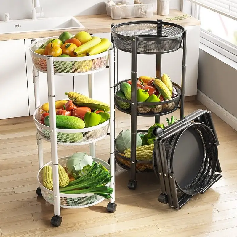 Black and White Floor-standing Round Storage Rack 3-layer Fruit Vegetable Basket Snack with No Installation Required